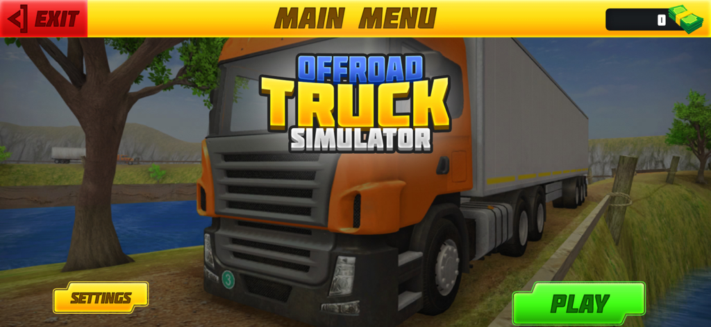 Truck Driving Simulator Games! - Main menu screen of the Offroad Truck Simulator mobile game featuring an orange semi-truck