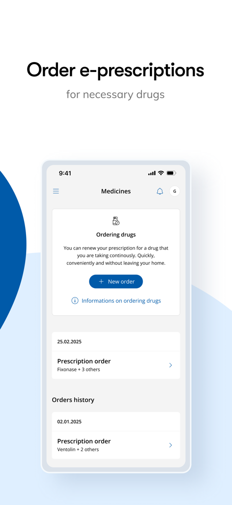 Mobile interface of LUX MED app showing the section to order e-prescriptions and view order history.