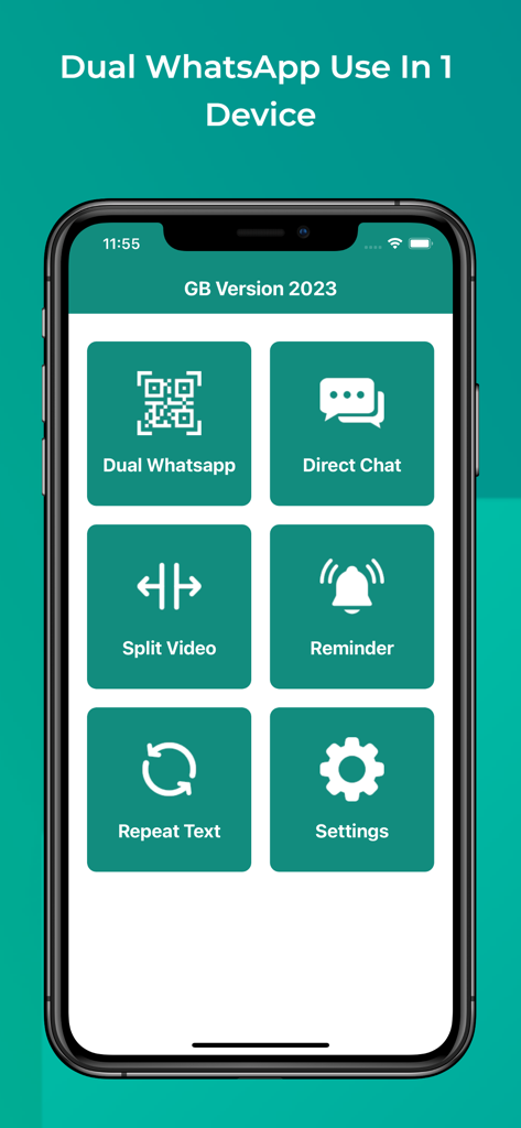 GB Version 2025 - GB Version 2025 mobile app home screen showing dual WhatsApp direct chat and video splitter features