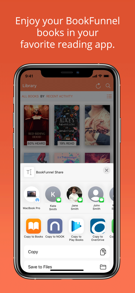 BookFunnel - BookFunnelアプリのライブラリのスクリーンショット。Apple BooksやNookなどの他の読書アプリに書籍を送信するオプションが表示されています。