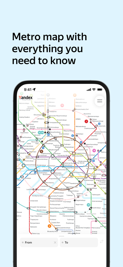 Yandex Metro - A smartphone displaying the Yandex Metro app's detailed subway map and route planner