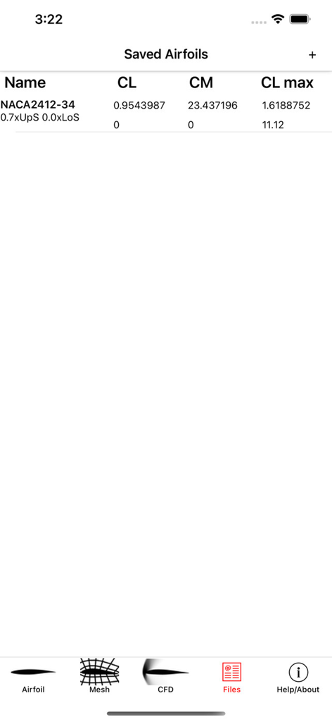 Airfoil Design - Uma tela mostrando uma lista de aerofólios salvos com dados aerodinâmicos como CL e CM no aplicativo Airfoil Design.