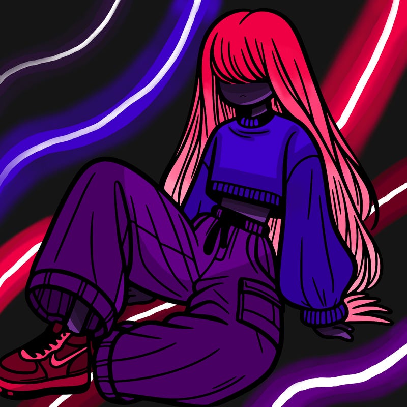 a girl with baggy pants and a crop top with long hair