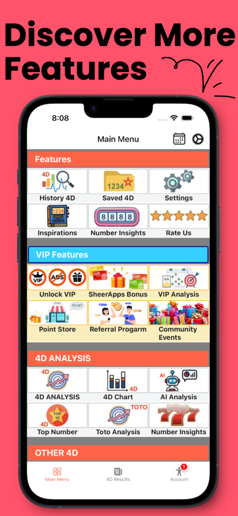 Main menu interface of Live 4D Results app showing lottery analysis and VIP features