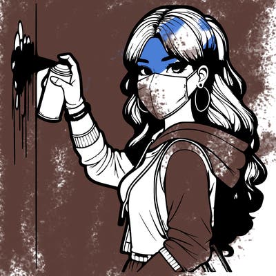 realistic girl with mask spray painting a wall