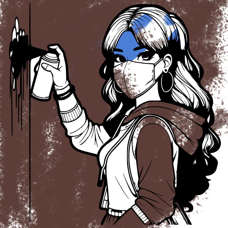 realistic girl with mask spray painting a wall