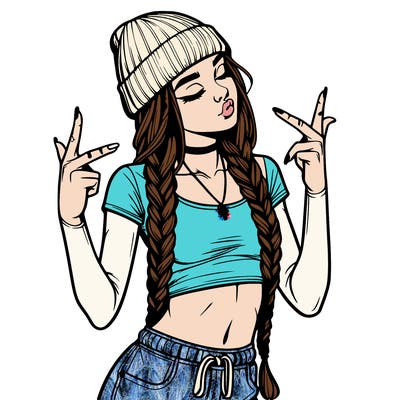 realistic teenage girl with braids and a beanie and crop top doing 🫶🏼
