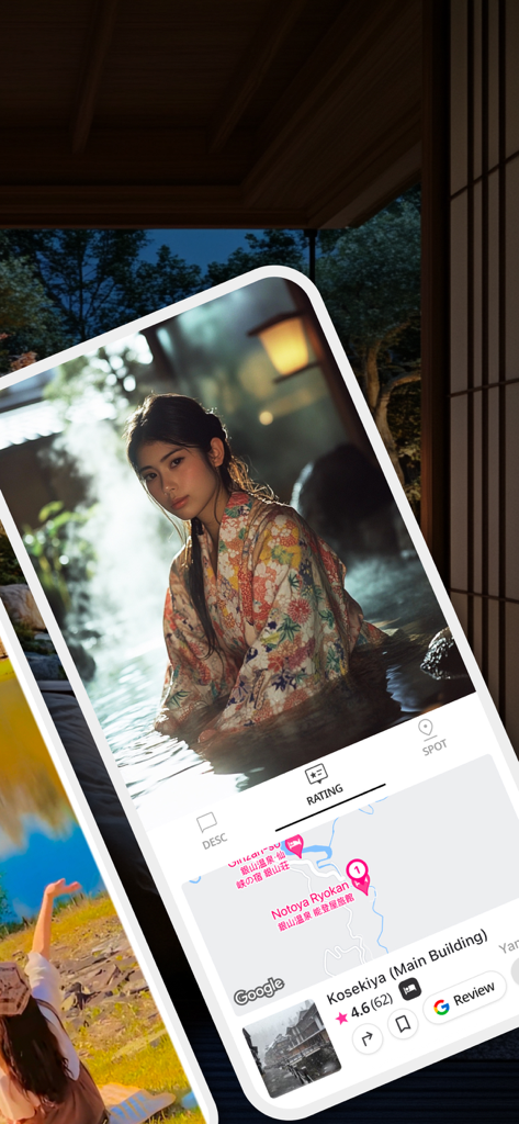 ViiV - Find the perfect travel - ViiVアプリのインターフェース。日本の温泉の旅行動画と旅行計画用の地図が表示されています。