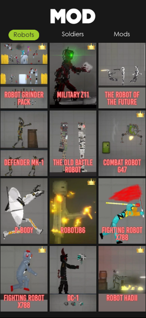 Mods For Playground Ragdoll 3D - A mobile app interface displaying a grid of various robot character mods for the Melon Playground game.