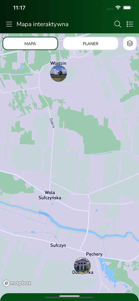 Mappa interattiva che mostra i punti di interesse locali nell'app mobile Gmina Kolbiel.