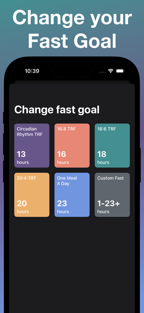 Intermittent Fasting Tracker: - ミニマリストなダークモードインターフェースで、16:8 TRFやOne Meal A Dayなどの断続的断食目標を表示する画面。