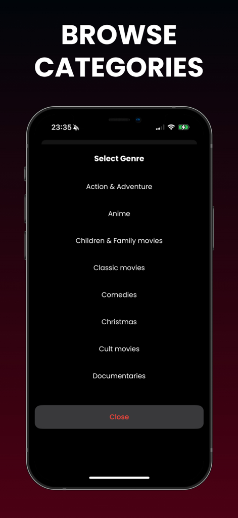 Kategorien-Bildschirm in der App 'Film- & TV-Codes für Netflix' mit einer Liste von Genres wie Anime und Komödien