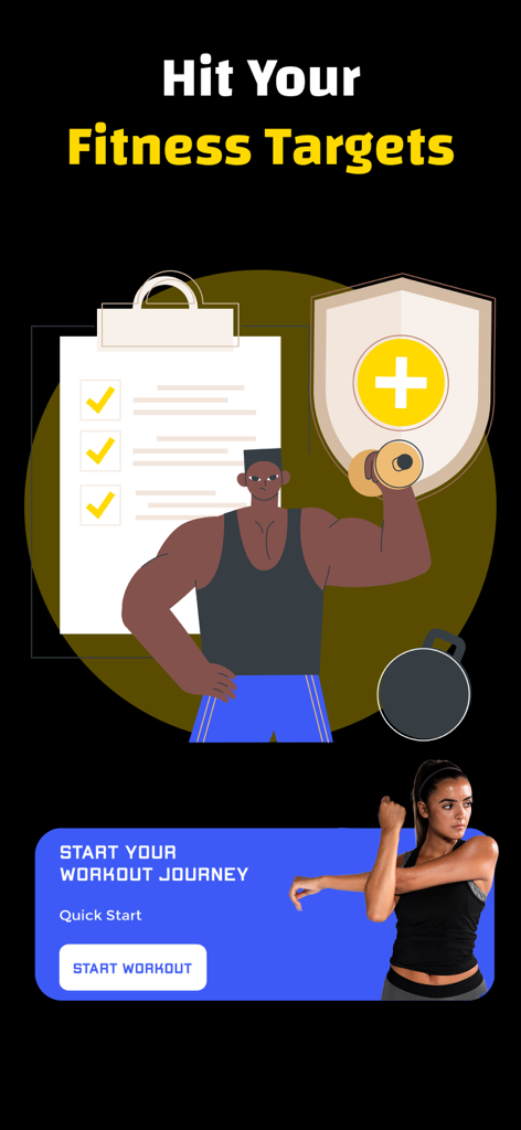 Écran de l'application Workout tracker avec un homme soulevant des poids et une femme s'étirant avec le texte atteignez vos objectifs de forme physique