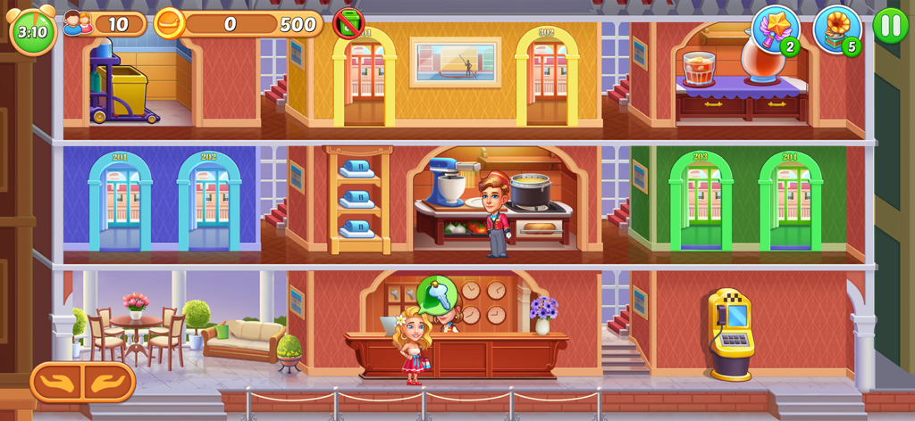 Una vista de sección transversal de un hotel de tres pisos que muestra habitaciones, una cocina y un mostrador de recepción en un juego de simulación.