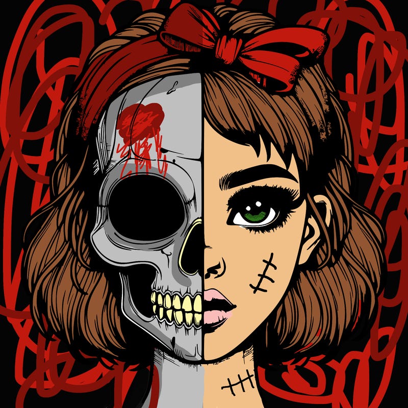 realistic girl with half skull mask