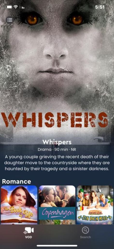 Interface of The Stream app showing a horror movie feature and a romance genre selection.