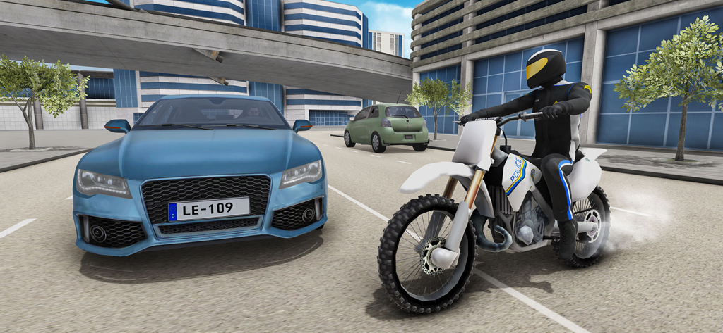 Police Bike City Simulator - Police officer riding a white motorcycle on a city street near a blue car