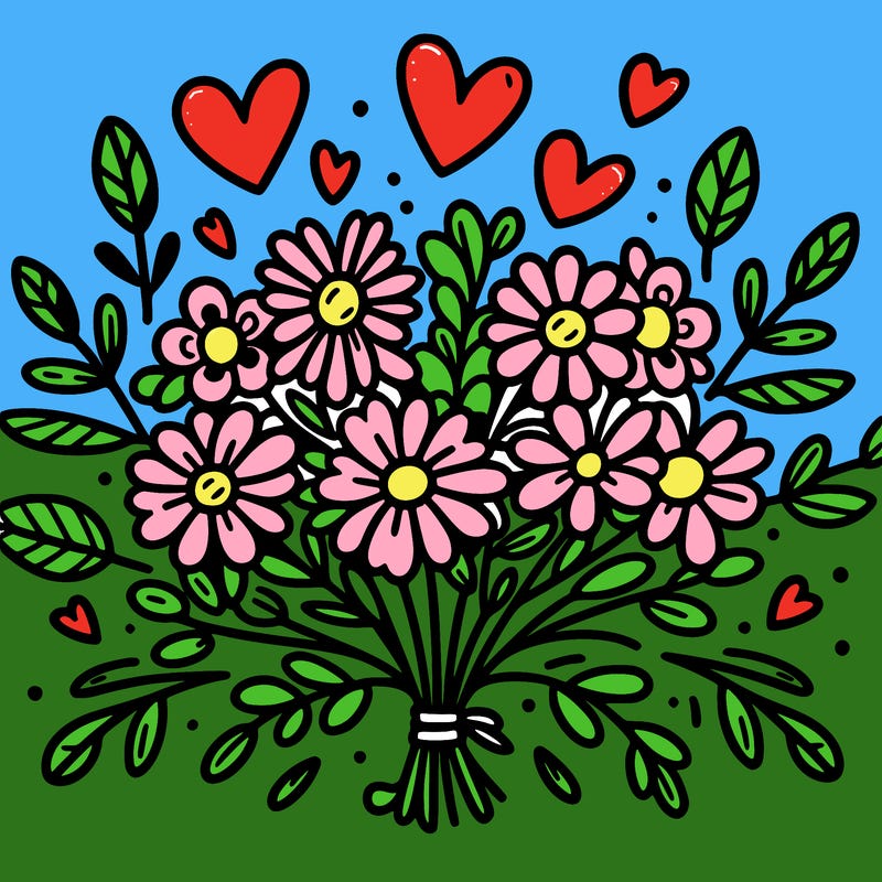 a bunch of flowers and hearts