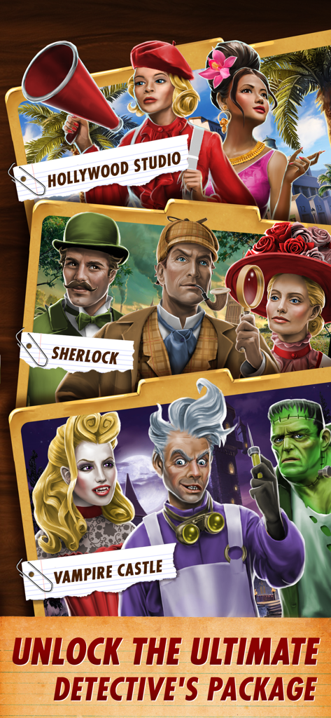 Clue: Classic Edition - Promotional graphic showing Hollywood Studio Sherlock and Vampire Castle themed character packs for Clue Classic Edition