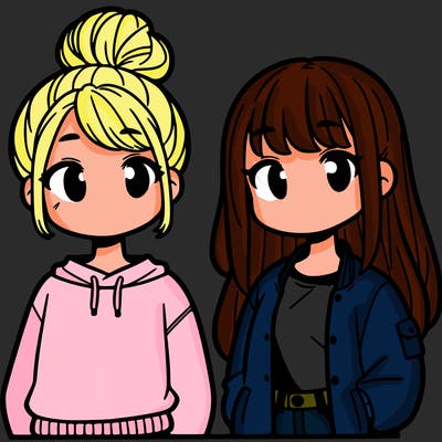 a girl with a bun and a sweatshirt. another girl with a shoulder-length ponytail with a jacket