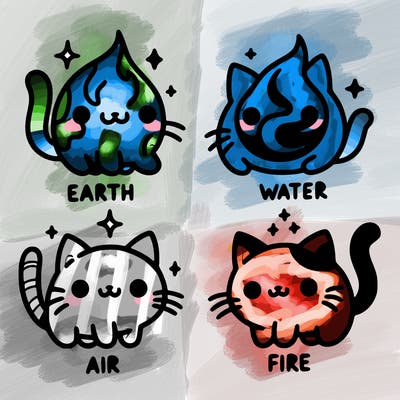 4 cats that represent the different elements, earth, water, air, and fire