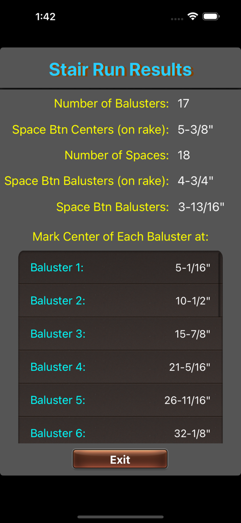 Stair run results showing baluster count and marking center measurements