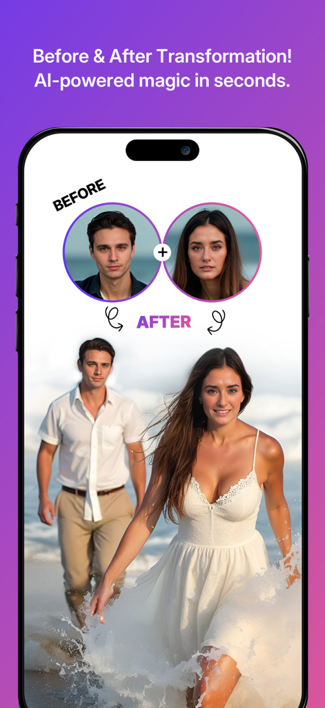 Couple - AI Photo Generator - Una comparación de antes y después que muestra dos fotos separadas fusionadas en un retrato romántico de pareja generado por IA en una playa
