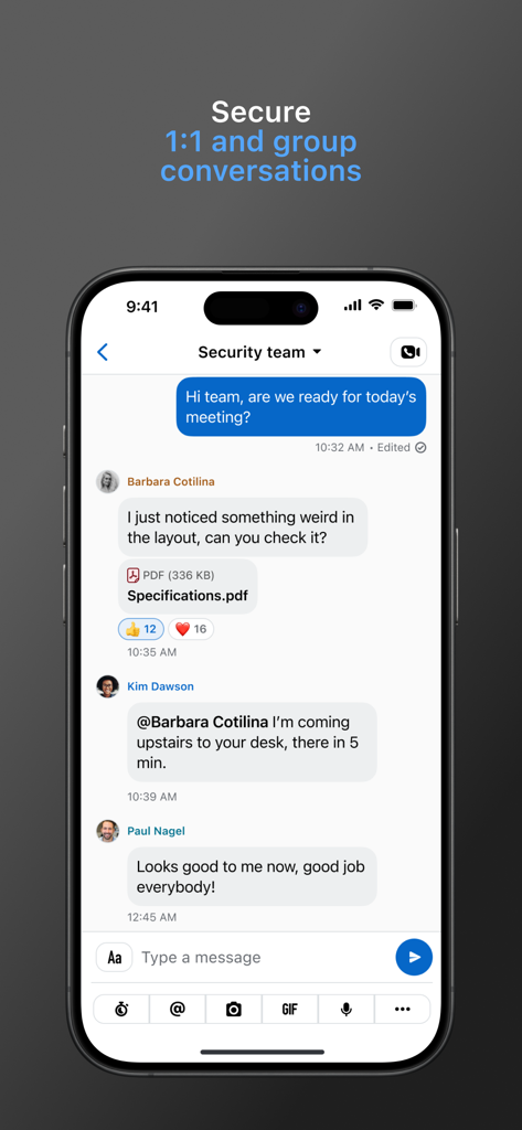 Wire secure messenger interface showing a team group chat with encrypted messages and shared files.