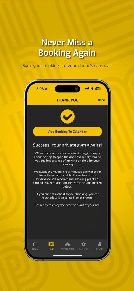 The Gym Pod - Booking confirmation screen on The Gym Pod app with an option to sync the private gym session to the phone calendar.