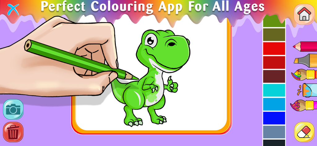 Coloring & drawing games kids - A digital coloring book page showing a cartoon dinosaur being painted green with a virtual pencil tool