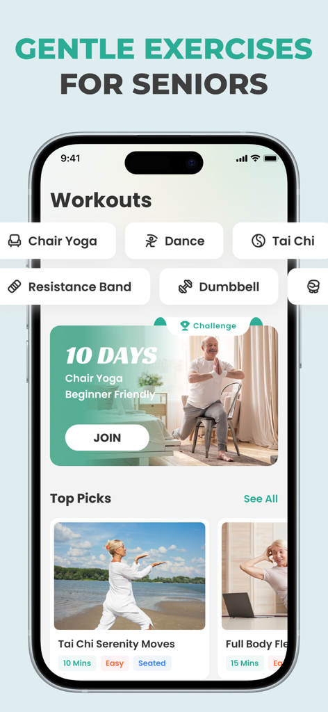Interfaz de la aplicación móvil SeniorFit que muestra categorías de ejercicios suaves y un desafío de yoga en silla para personas mayores.