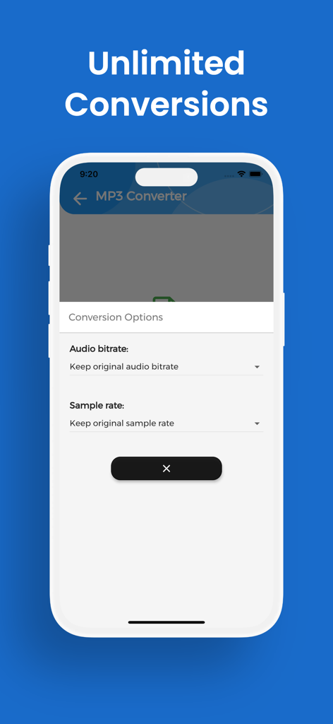 A screenshot of the MP3 Converter app showing settings to adjust audio bitrate and sample rate.