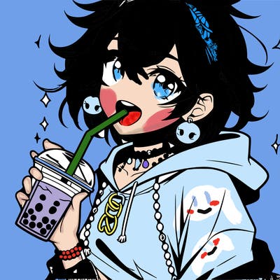 hot baddie anime girl drinking boba and biting the straw