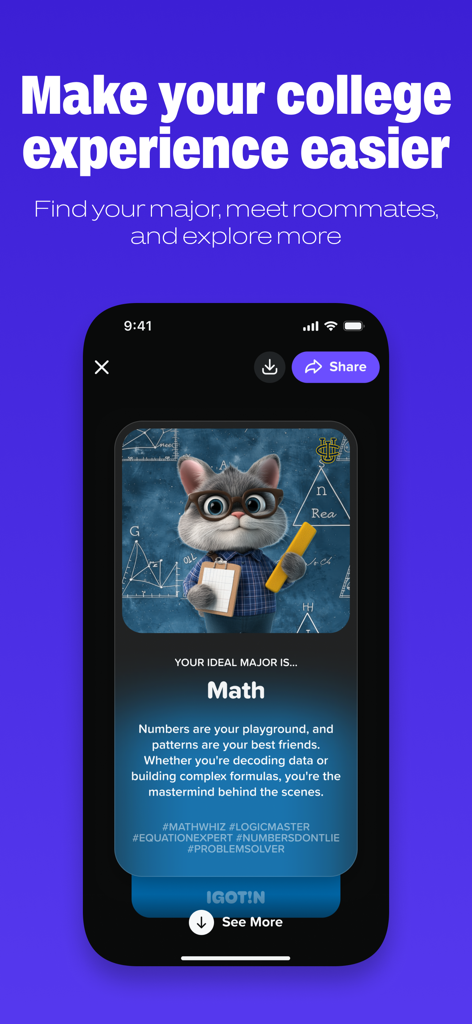 A mobile app screen showing a college major recommendation for Math featuring a cartoon cat mascot.