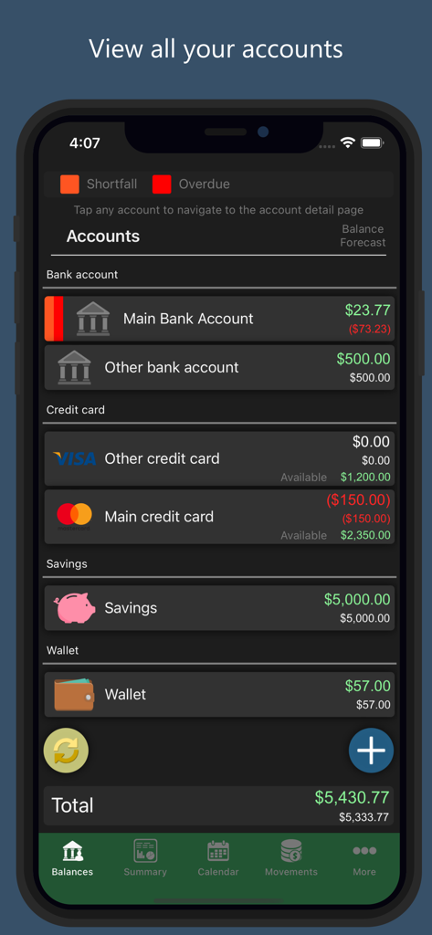 Captura de pantalla de la aplicación Homeasy que muestra un resumen de cuentas bancarias, tarjetas de crédito y saldos de ahorros