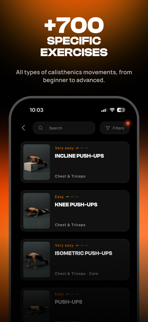 Calisteniapp: Fit & Strong - Calisteniapp-Bildschirm zeigt verschiedene Liegestützübungen und -stufen für das Calisthenics-Training