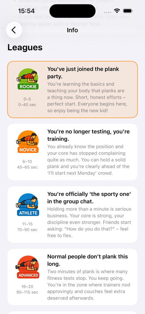 Plank Trainer - Plank Trainer app screen showing fitness leagues from Rookie to Advanced with time goals.
