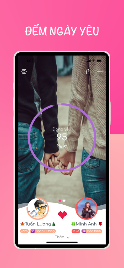 Screenshot of the inlove app showing a couple holding hands and a tracker for 95 days of being together