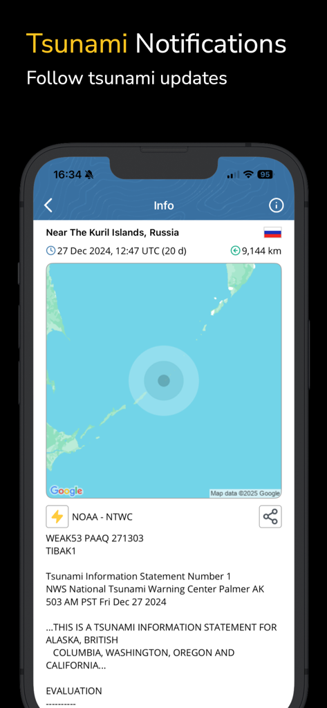 Screenshot of the Earthquake plus app displaying a tsunami warning map and official NOAA information statement for the US West Coast
