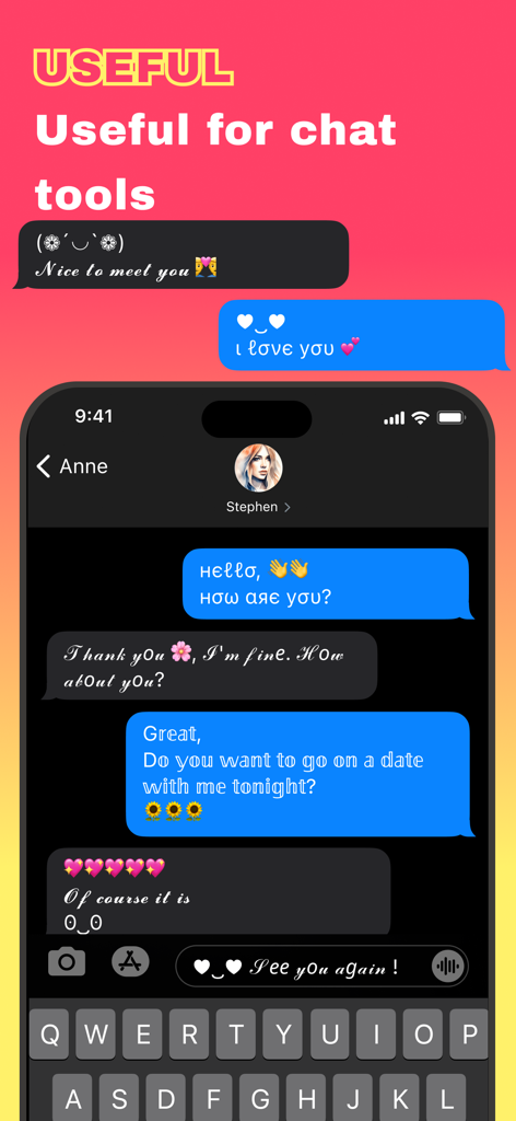 Cool Symbols & Characters - A mobile chat screen displaying different artistic fonts and decorative symbols used in a conversation.