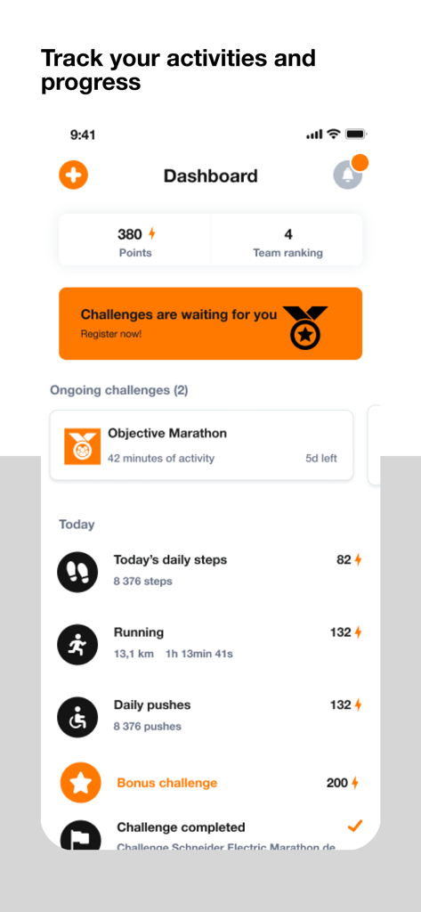 Panel de la aplicación Orange Heroes que muestra los puntos de fitness de los empleados, la clasificación del equipo y las actividades registradas como correr y pasos diarios