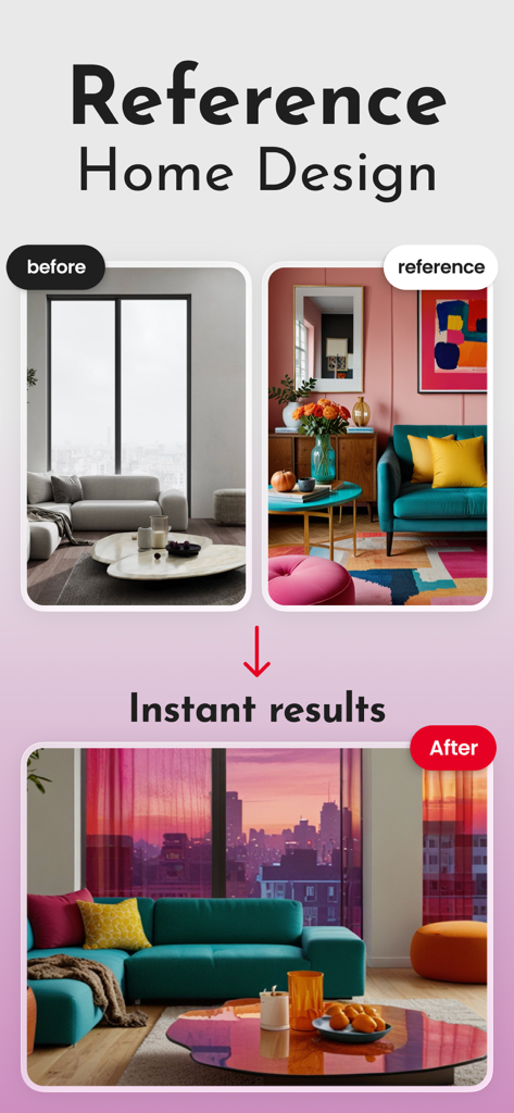 Home AI - AI Interior Design - AI room transformation showing before and after results based on a reference style image