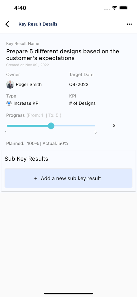 Pantalla de la aplicación OKR de Profit.co que muestra los detalles del resultado clave y el seguimiento del progreso.