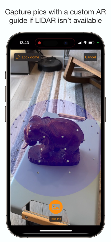 ARガイドを使用して紫色の象の置物をスキャンしているSapling 3DスキャナーアプリのiPhoneスクリーンショット。