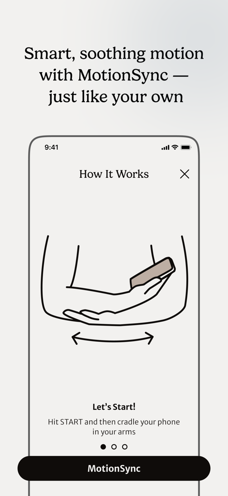 UPPAbaby Home - Tutorial screen in the UPPAbaby Home app explaining how to use MotionSync by cradling a smartphone to mimic parent motion