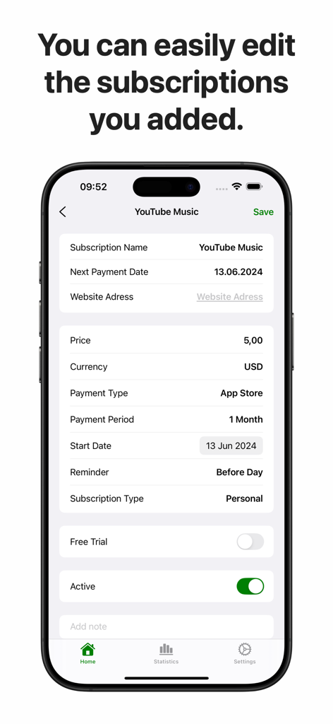TrackMySub: Track Subscription - Interface of TrackMySub showing subscription details for YouTube Music with price and payment frequency