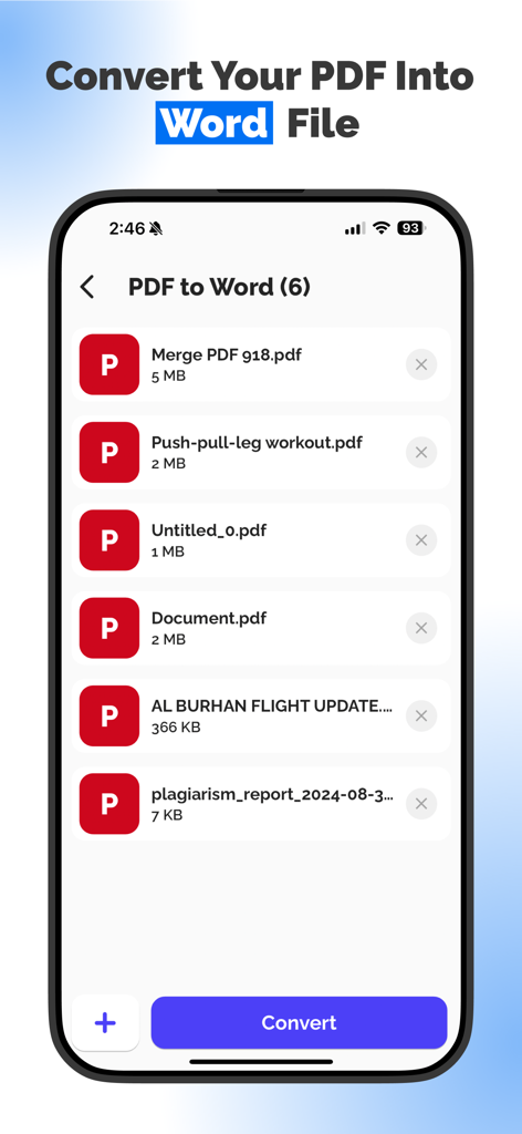 PDF Converter - All Documents - Pantalla de aplicación móvil que muestra una lista de archivos PDF seleccionados para su conversión a documentos de Word.