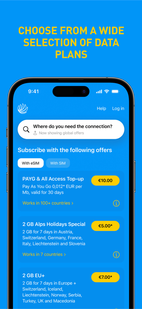 Interface of the MTX Connect app showing different international eSIM data plans for travel