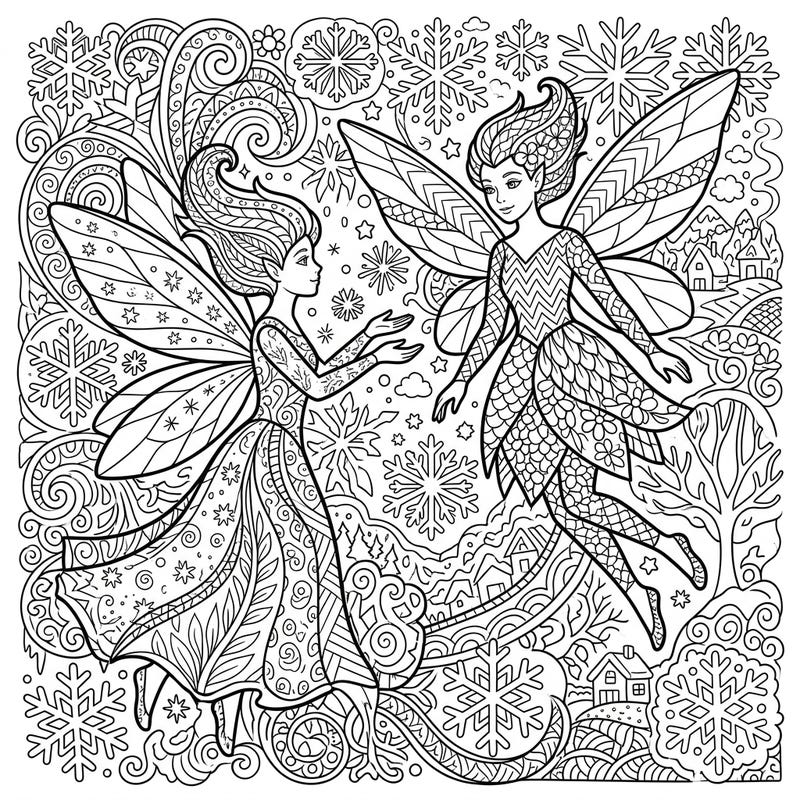 Unleash your creativity with this stunning Zentangle Winter Fairies coloring page, featuring two enchanting sprites amidst a flurry of snowflakes and whimsical patterns. Perfect for unwinding, this intricate design offers a delightful challenge for colorists of all ages.