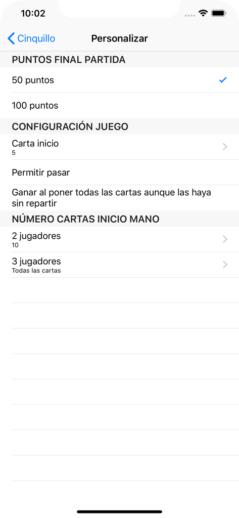 iCinquillo - Customization menu in the iCinquillo app showing options to adjust game rules and point limits